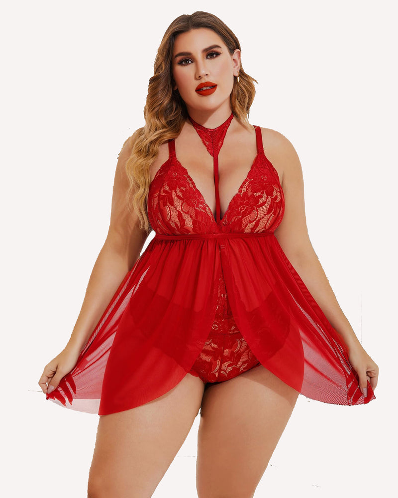 Babydoll din dantelă de mărime mare, cu șosea din plasă