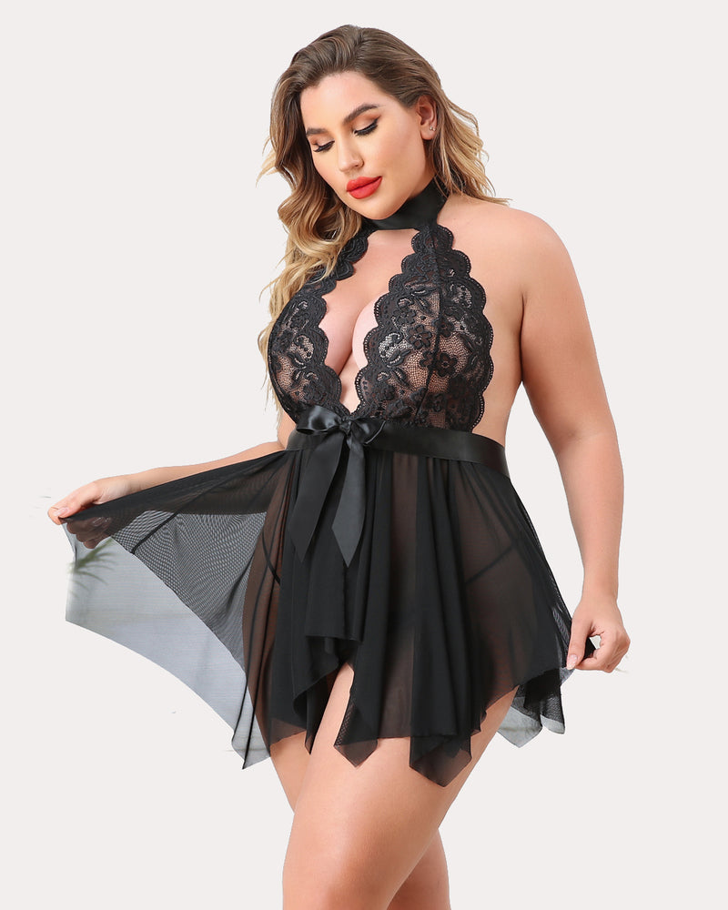 Babydoll de pluș cu talie înaltă din dantelă florală