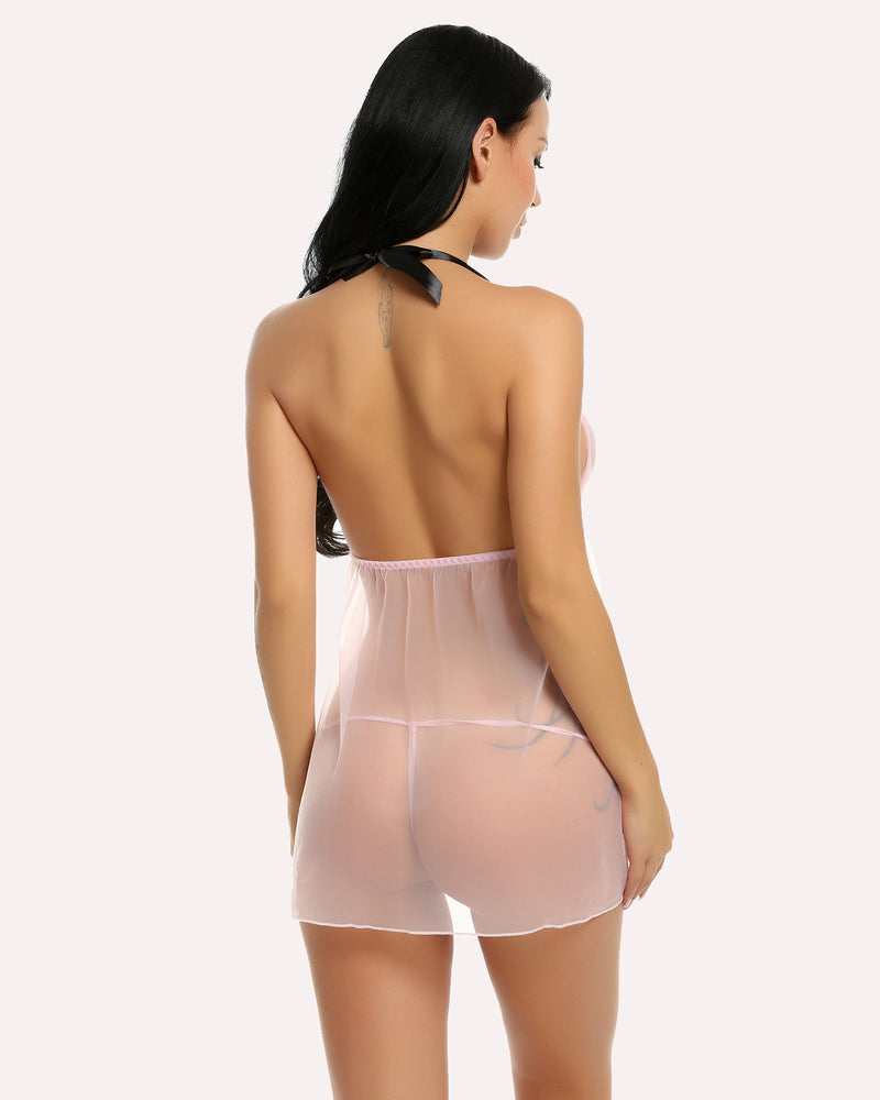 Halter Sheer Mesh Lace Babydolls