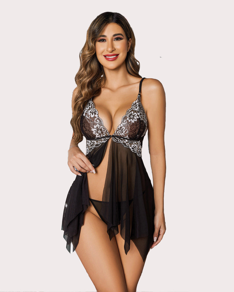 Babydoll cu inchidere din dantela cu gat in V