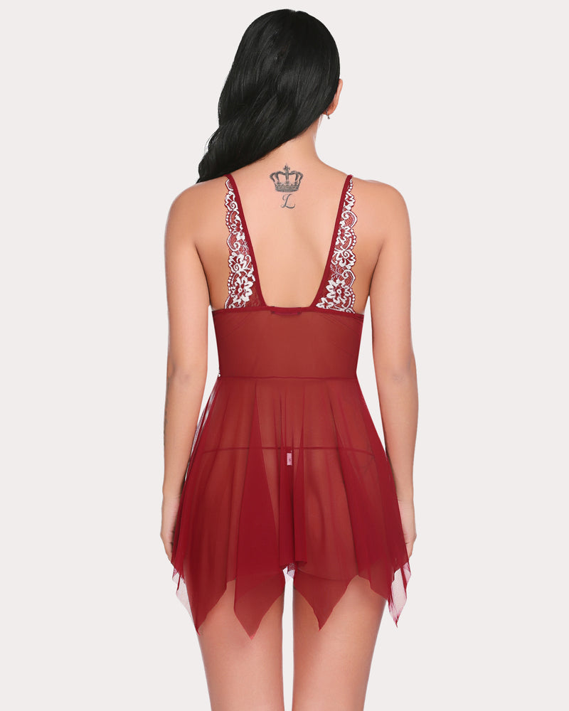 Babydoll cu inchidere din dantela cu gat in V