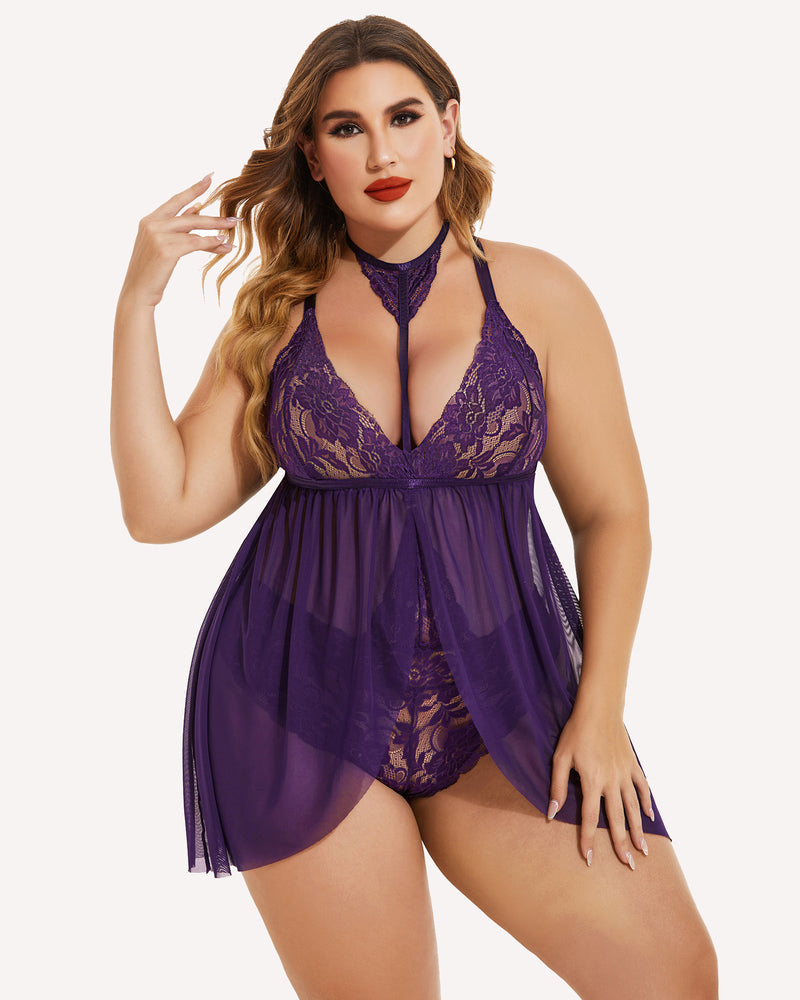 Babydoll din dantelă de mărime mare, cu șosea din plasă