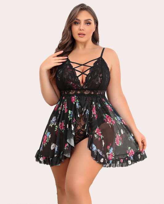 Babydoll cu snap crotch cu imprimeu floral de marime plus