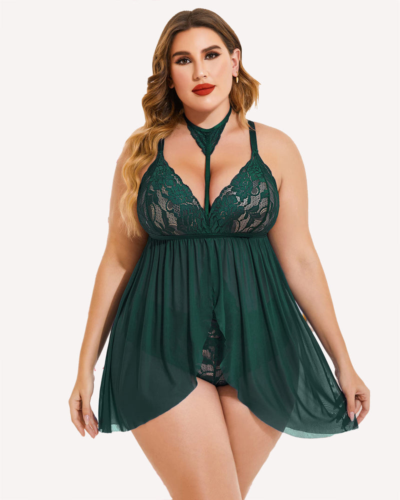Babydoll din dantelă de mărime mare, cu șosea din plasă