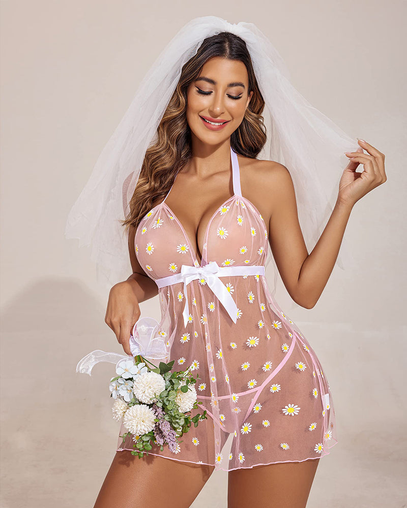 Halter Sheer Mesh Lace Babydolls