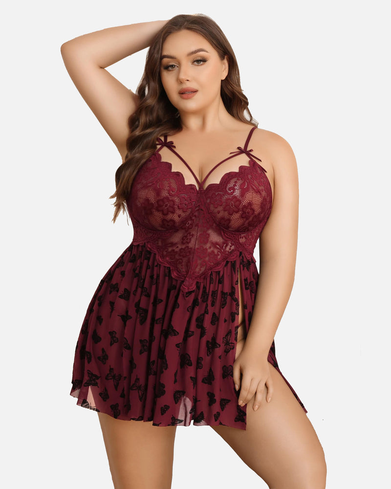 Babydoll cu imprimeu floral din dantela de marime plus