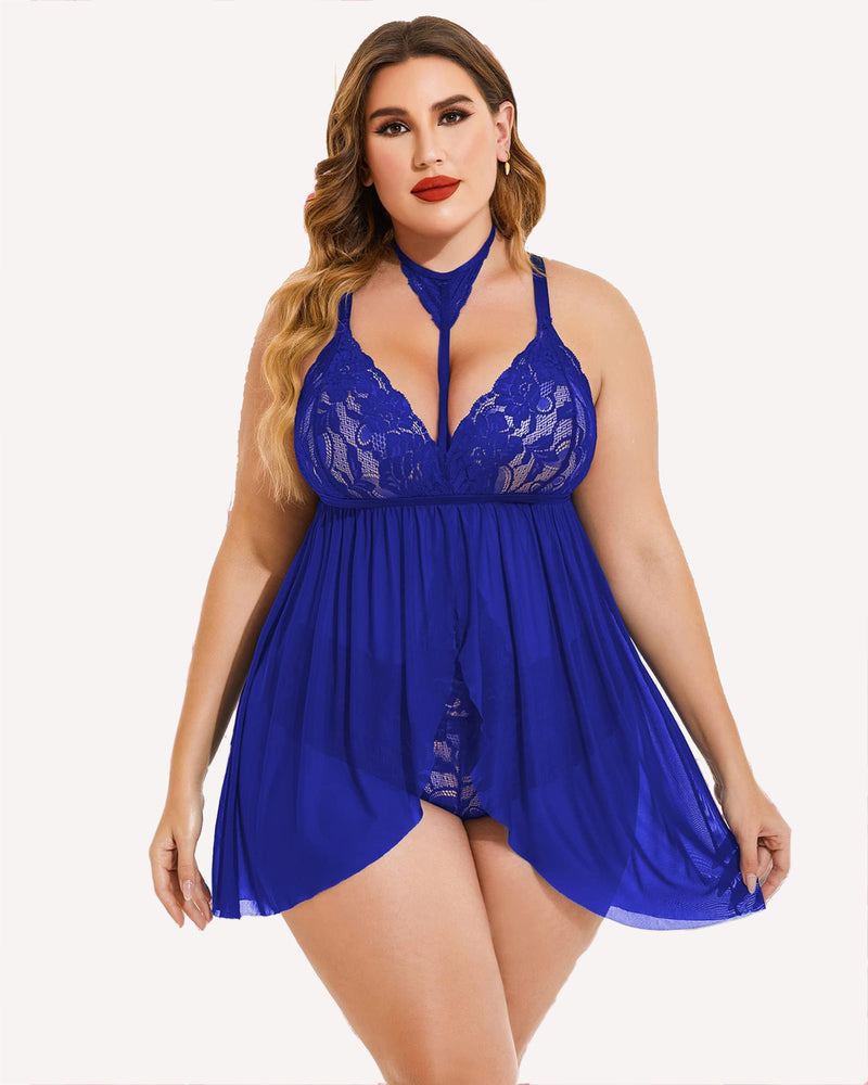 Babydoll din dantelă de mărime mare, cu șosea din plasă
