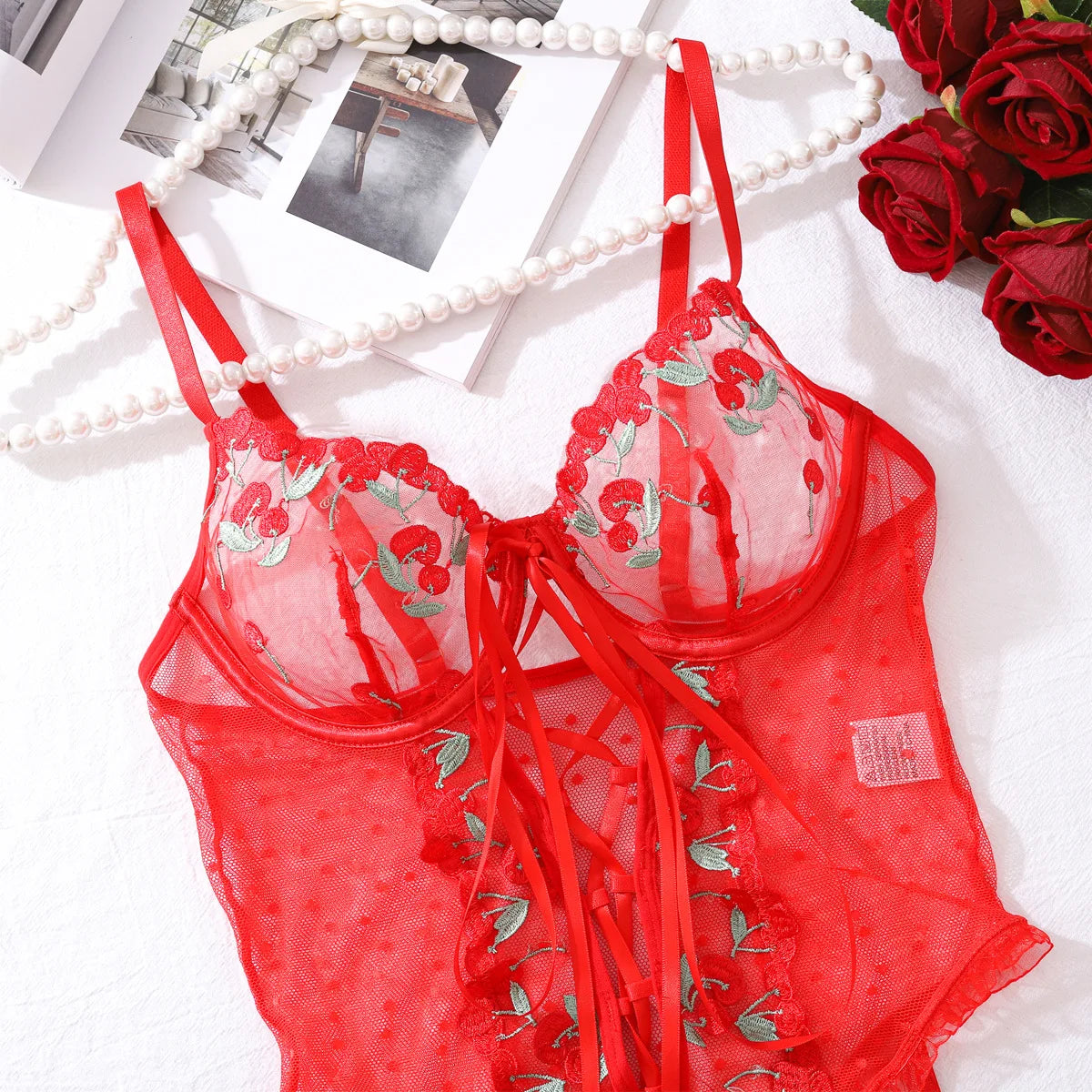 Ellolace Valentine Bodysuit Lingerie Red Lace Body Sissy Open Crotch Hot Sexy Adult Womens Clothing Fancy Floral Lace Up Tights