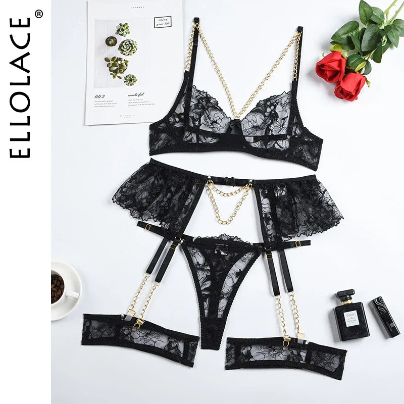 Ellolace Lingerie Luxury Lace Female Underwear Sexy Transparent Bra Panty Sets With Chain Fancy See Through Exotic Sets 4-Piece
