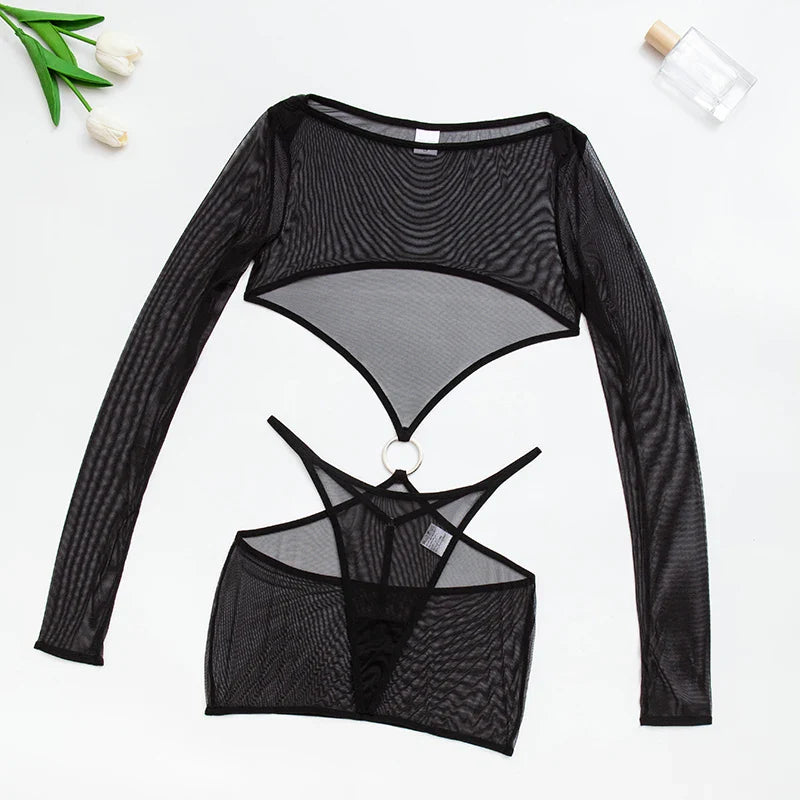 Sensual Lingerie Transparent Babydoll Sheer Mesh Cutout Waist Dress Hot Porn Outfit Uncensored Tulle Erotic Costume
