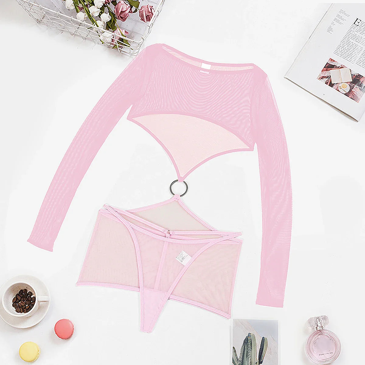 Sensual Lingerie Transparent Babydoll Sheer Mesh Cutout Waist Dress Hot Porn Outfit Uncensored Tulle Erotic Costume