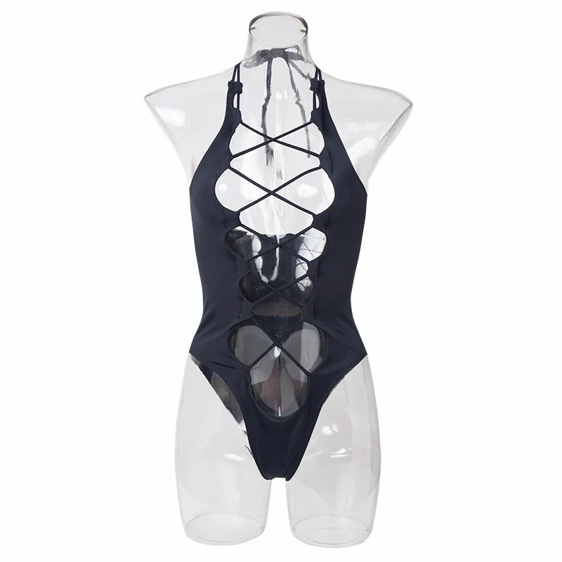 Bandage Women's Swimsuit Sexy Hollow Out Swimwear Extreme Microbikini One Piece Bodysuit Whole Halter Bathing Suit