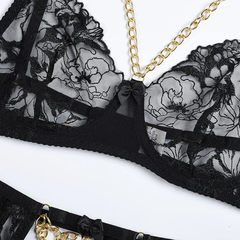 Ellolace Lingerie Luxury Lace Female Underwear Sexy Transparent Bra Panty Sets With Chain Fancy See Through Exotic Sets 4-Piece