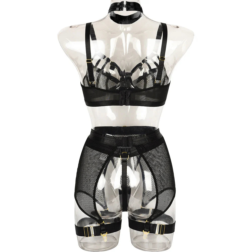 Sexy Hot Lingerie Luxury Hollow Out Exotic Sets With Garters Half Cup See Through Transparent Bra Underwear Women Set