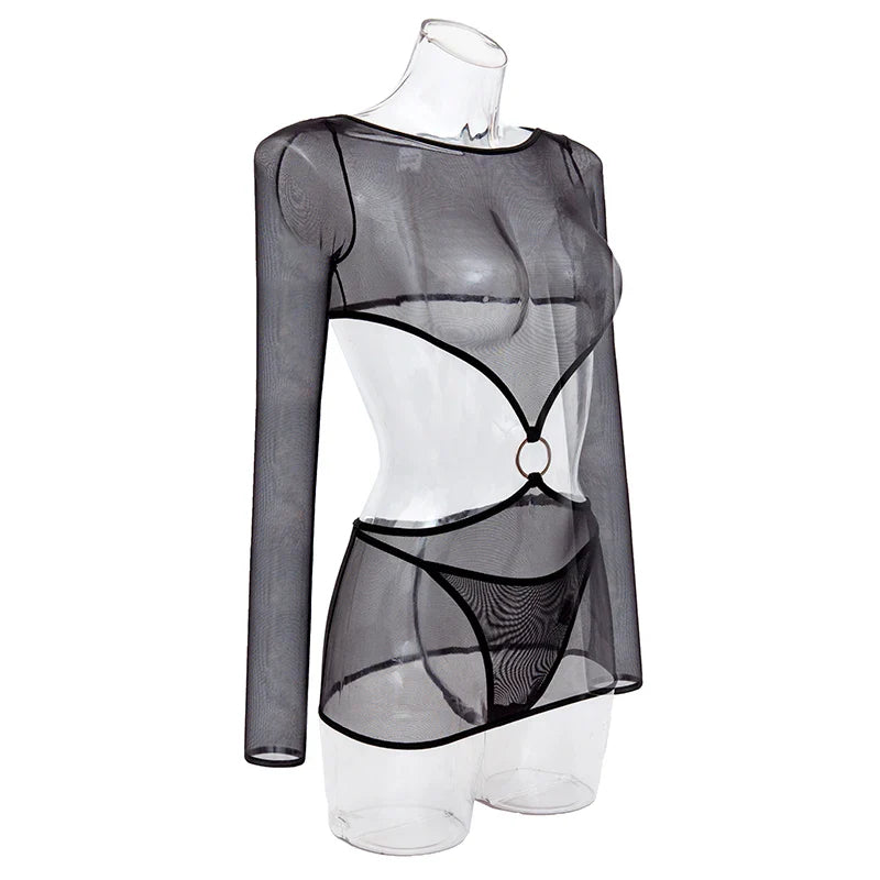 Sensual Lingerie Transparent Babydoll Sheer Mesh Cutout Waist Dress Hot Porn Outfit Uncensored Tulle Erotic Costume