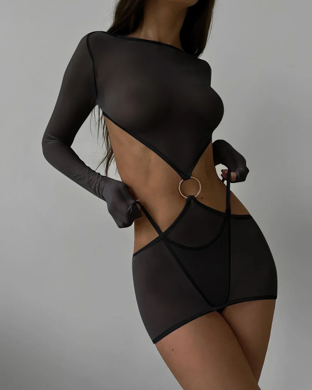 Sensual Lingerie Transparent Babydoll Sheer Mesh Cutout Waist Dress Hot Porn Outfit Uncensored Tulle Erotic Costume