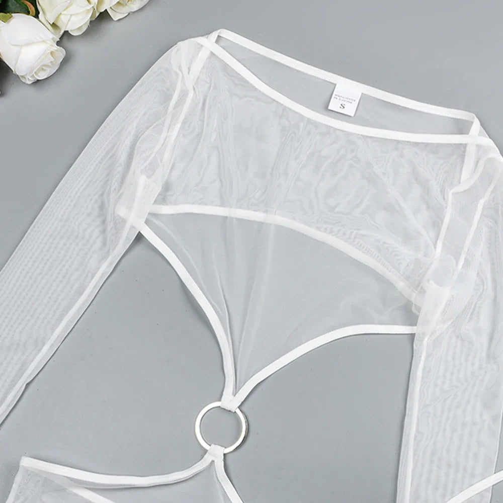 Sensual Lingerie Transparent Babydoll Sheer Mesh Cutout Waist Dress Hot Porn Outfit Uncensored Tulle Erotic Costume