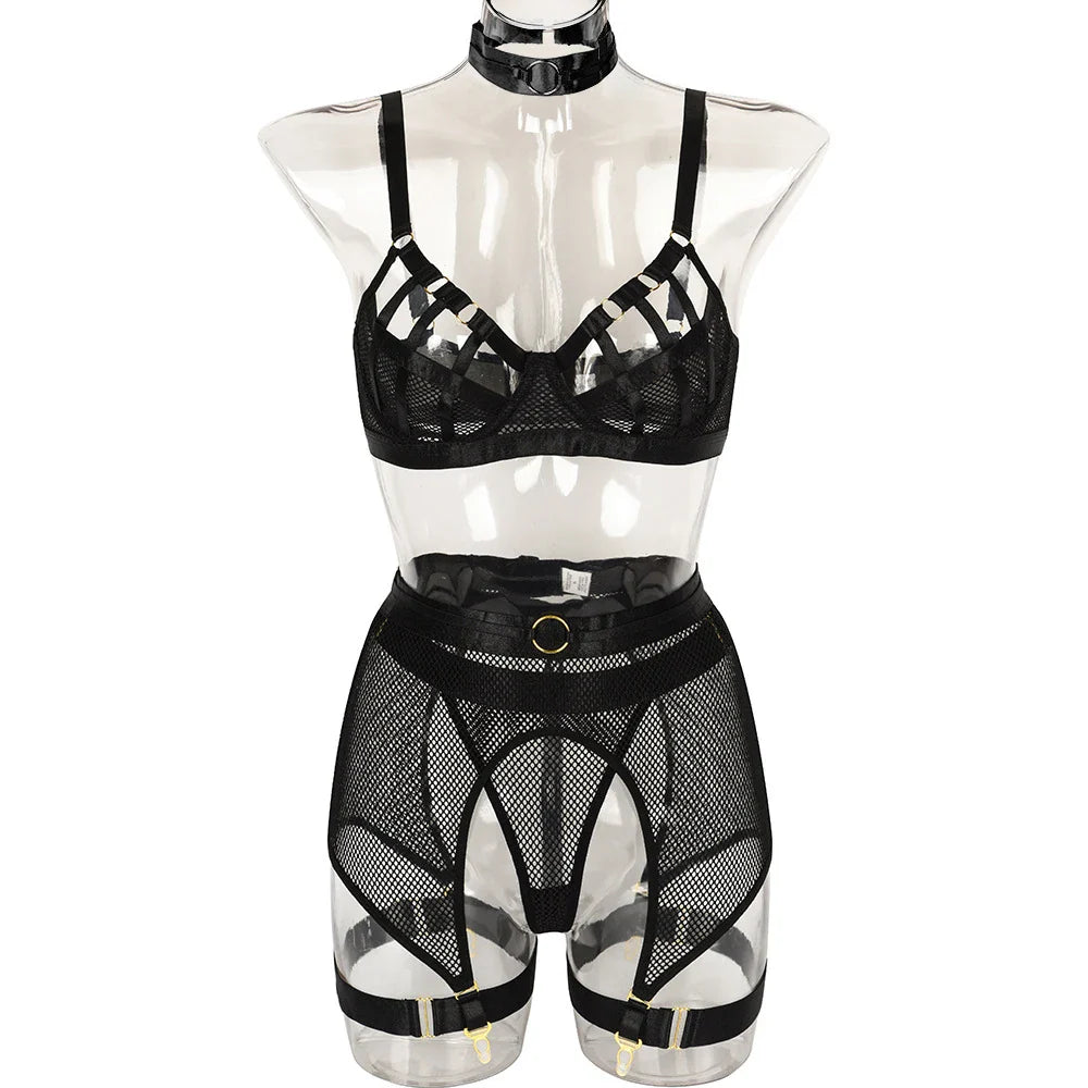 Sexy Hot Lingerie Luxury Hollow Out Exotic Sets With Garters Half Cup See Through Transparent Bra Underwear Women Set