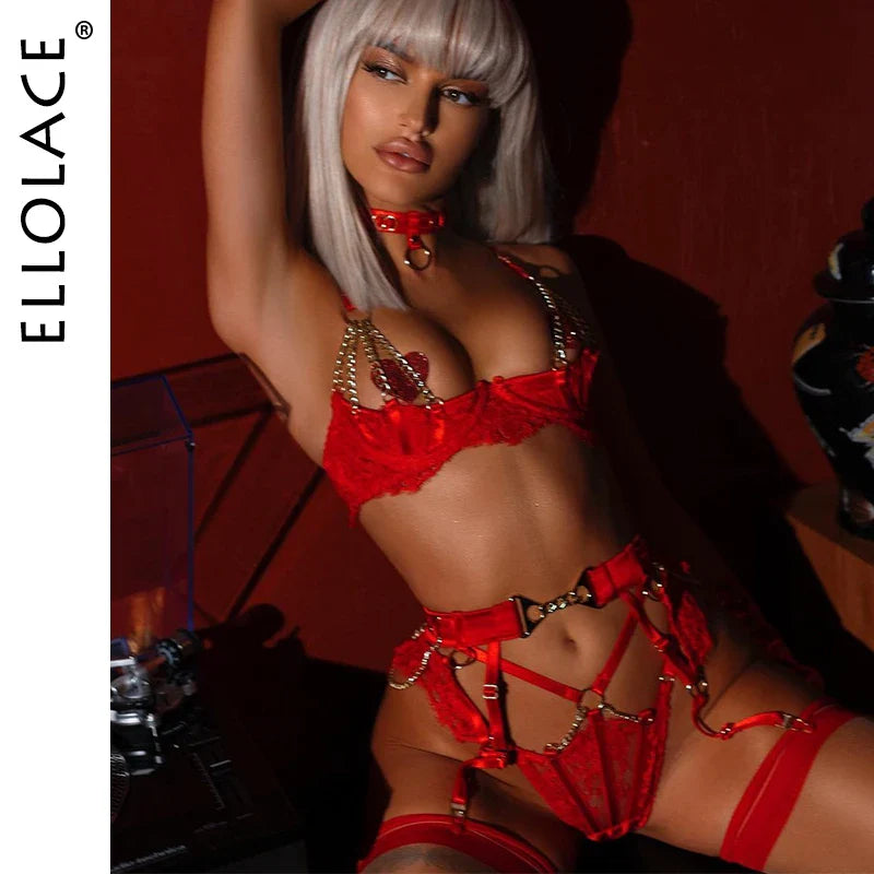 Fancy Lingerie Luxury Lace Push Up Half Cup Bra With Chain Hot Sexy Red Delicate Underwear Valentine Sissy Intimate