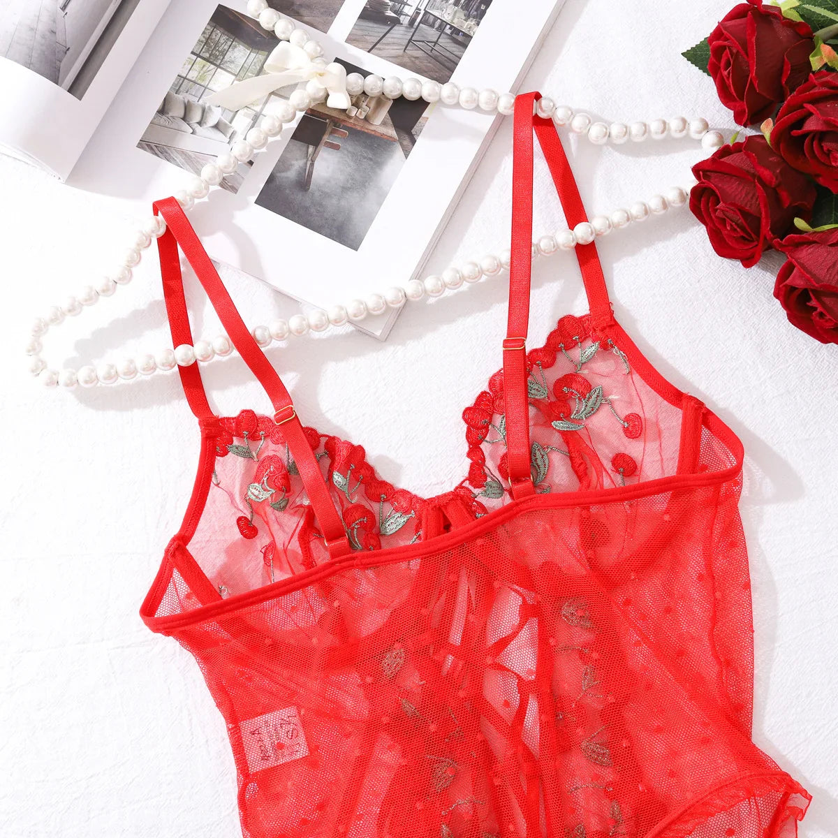 Ellolace Valentine Bodysuit Lingerie Red Lace Body Sissy Open Crotch Hot Sexy Adult Womens Clothing Fancy Floral Lace Up Tights