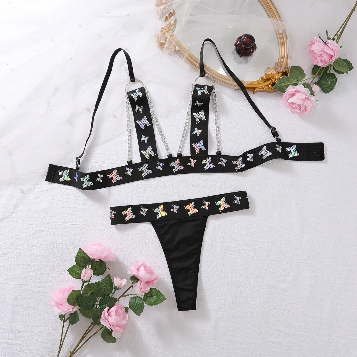 Butterfly Print Porn Erotic Lingerie Hollow Sexy Costume Sissy Underwear Fantasy Uncensored Hot Sex Bra Sets