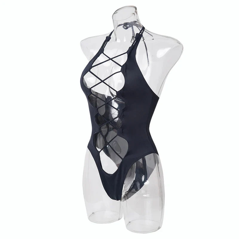 Bandage Women's Swimsuit Sexy Hollow Out Swimwear Extreme Microbikini One Piece Bodysuit Whole Halter Bathing Suit