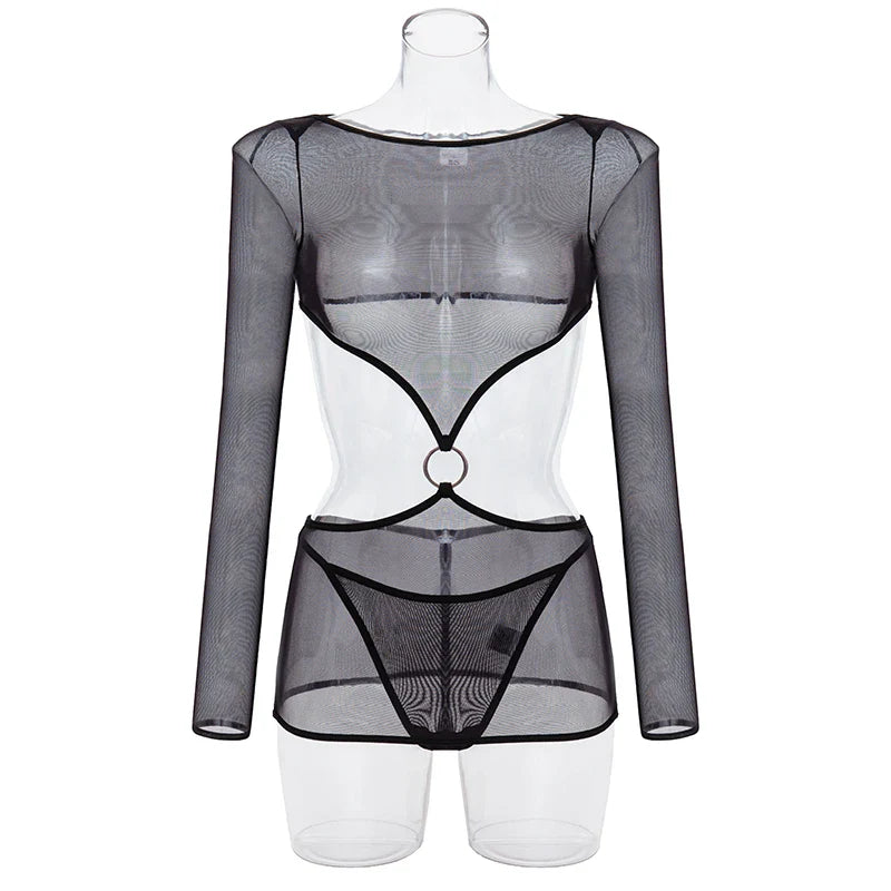 Sensual Lingerie Transparent Babydoll Sheer Mesh Cutout Waist Dress Hot Porn Outfit Uncensored Tulle Erotic Costume