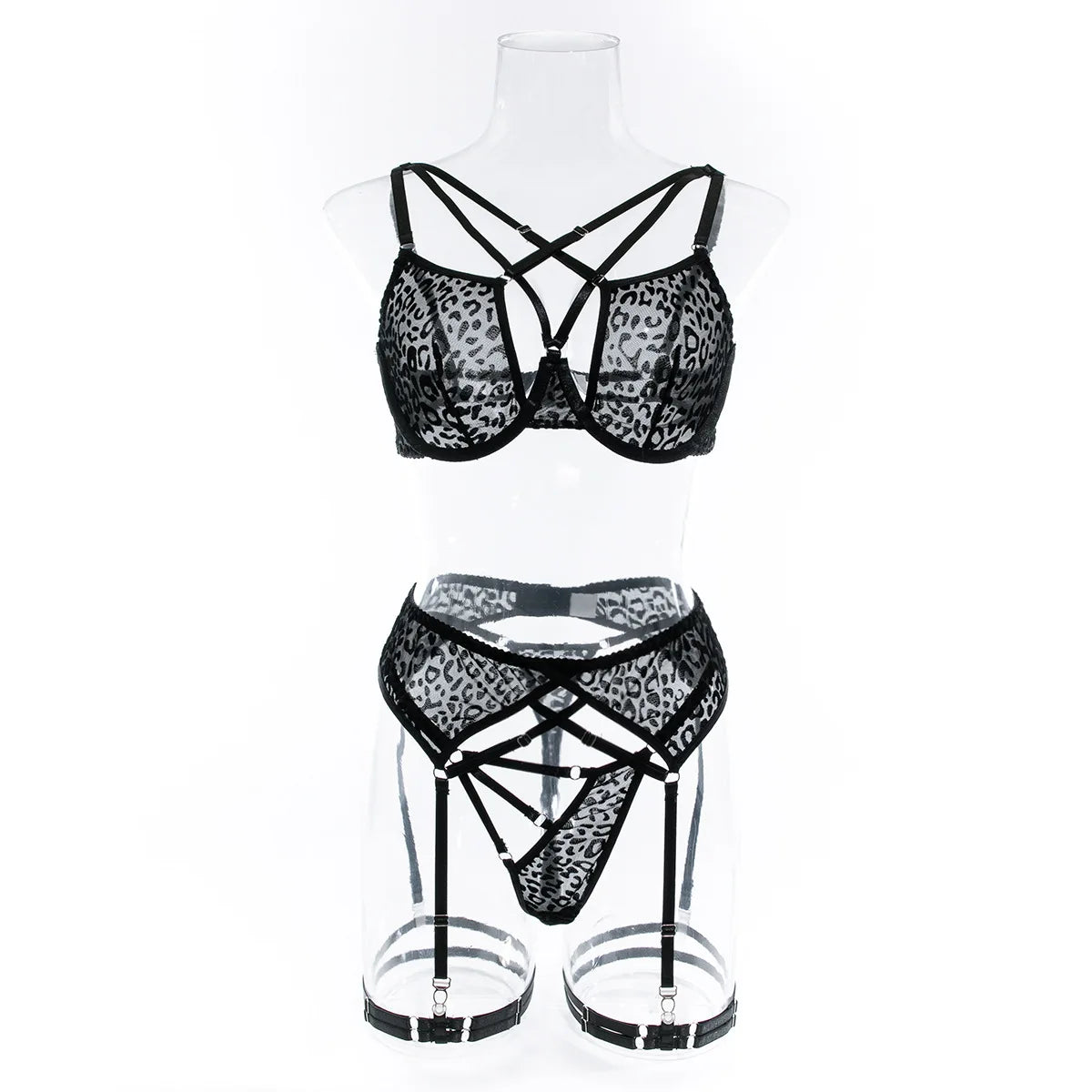 Ellolace Leopard Velvet Lingerie Sensual Cross Bra Kit Push Up See Through Sexy Outfits Sissy Exotic Sets Fancy Bilizna Set