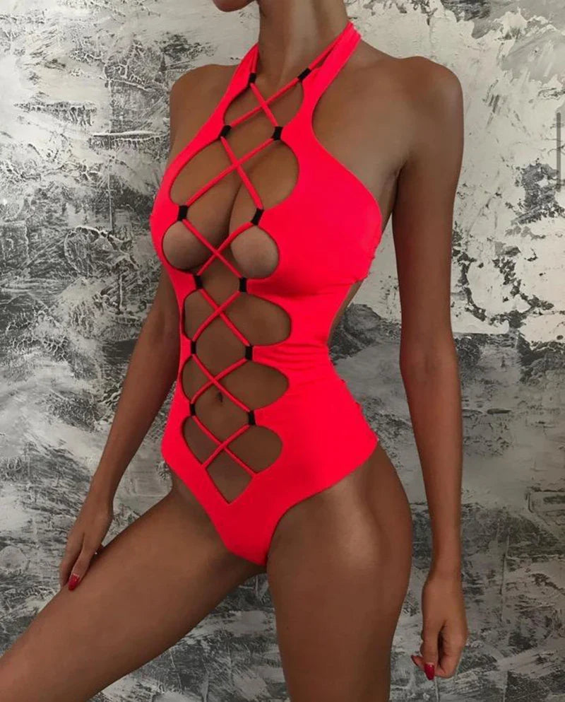 Bandage Women's Swimsuit Sexy Hollow Out Swimwear Extreme Microbikini One Piece Bodysuit Whole Halter Bathing Suit