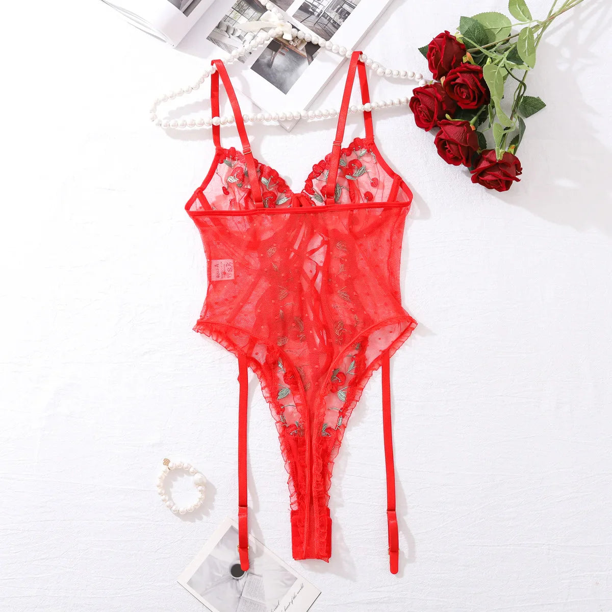 Ellolace Valentine Bodysuit Lingerie Red Lace Body Sissy Open Crotch Hot Sexy Adult Womens Clothing Fancy Floral Lace Up Tights