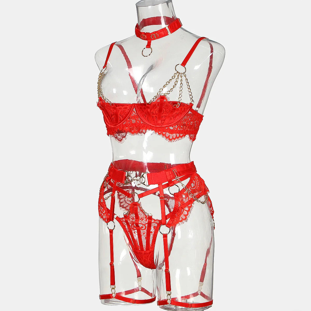 Fancy Lingerie Luxury Lace Push Up Half Cup Bra With Chain Hot Sexy Red Delicate Underwear Valentine Sissy Intimate