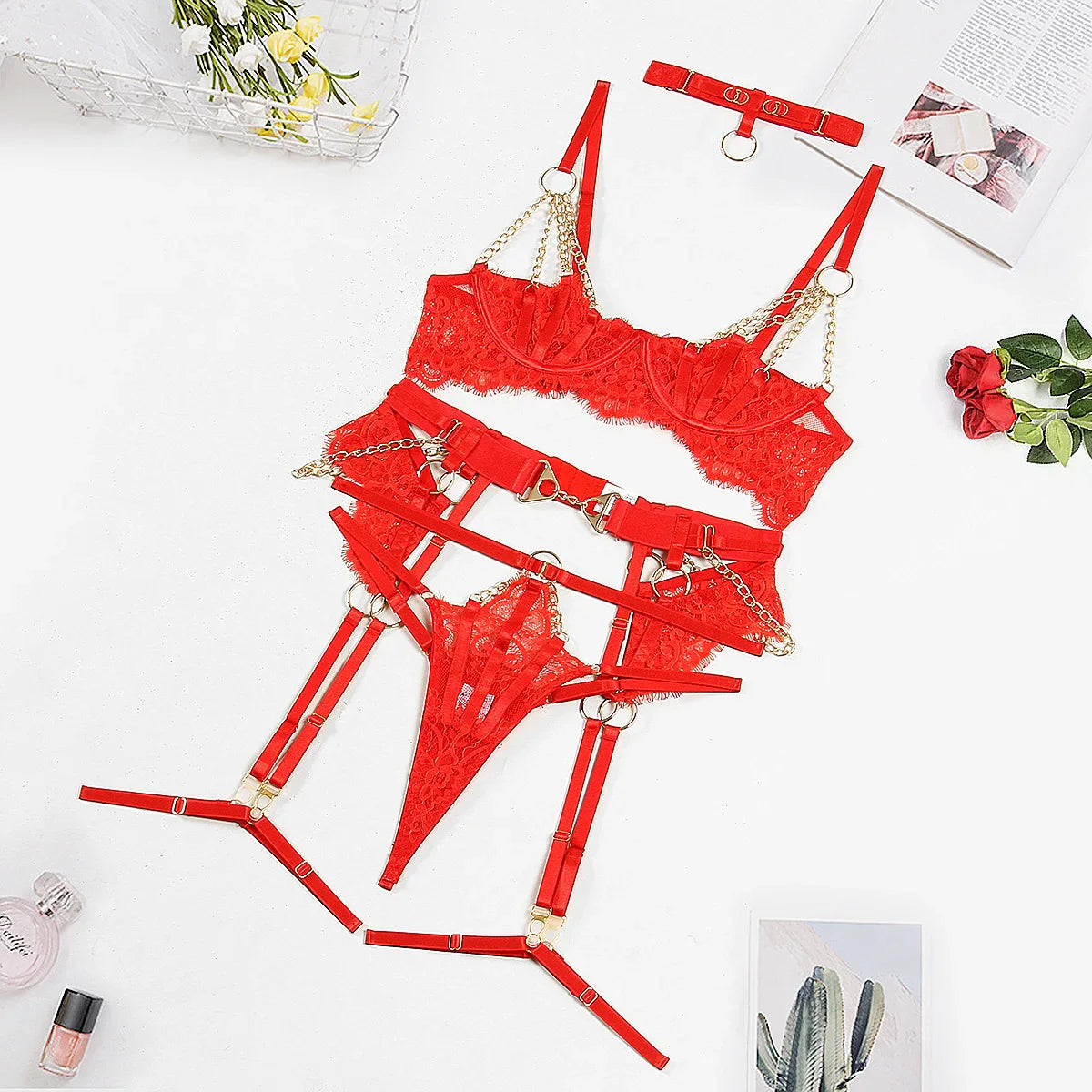 Fancy Lingerie Luxury Lace Push Up Half Cup Bra With Chain Hot Sexy Red Delicate Underwear Valentine Sissy Intimate