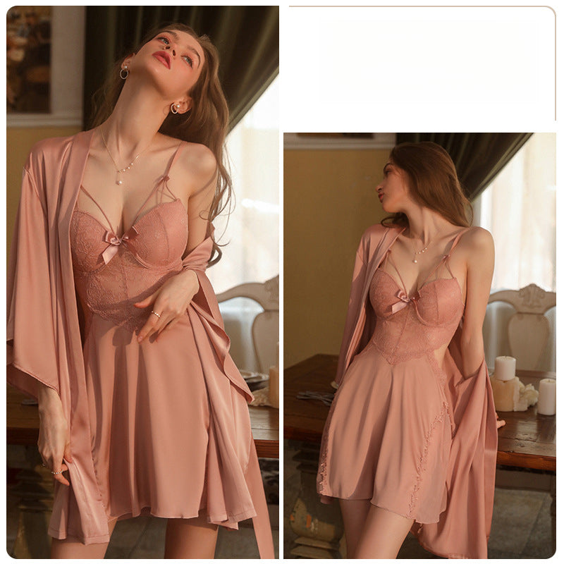 Sexy Lace See-through Temptation Underwire Push-up Padded Plus Size Camisole Dress Women's Homewear Set 2044