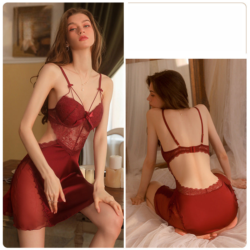 Sexy Lace See-through Temptation Underwire Push-up Padded Plus Size Camisole Dress Women's Homewear Set 2044