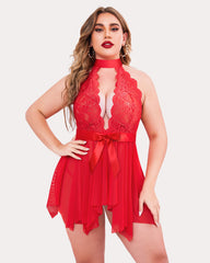 Plus Size Floral Lace High Waist Teddy Babydoll