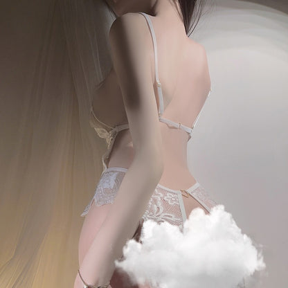 Erotic Underwear Sexy Deep V Lace Perspective Temptation Pure Desire One-piece Open Crotch Uniform Women's Suit 4069
