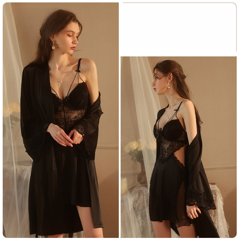 Sexy Lace See-through Temptation Underwire Push-up Padded Plus Size Camisole Dress Women's Homewear Set 2044