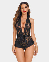 Lace Teddy Bodysuit Halter V Neck One Piece