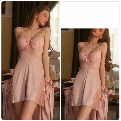 Sexy Lace See-through Temptation Underwire Push-up Padded Plus Size Camisole Dress Women's Homewear Set 2044