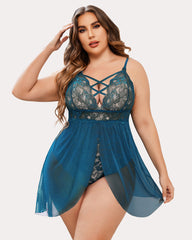 Plus Size Snap Crotch V Neck Lace Nighty