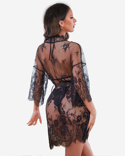 Set 2 piese halat kimono din dantela cu plus de dantela