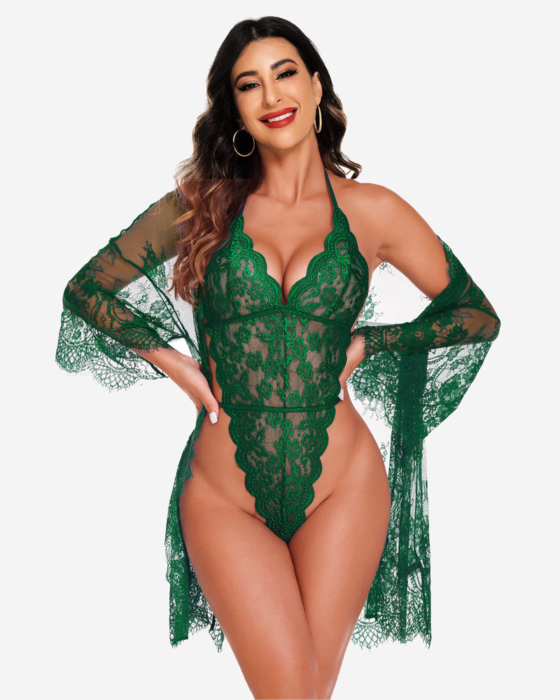 Set 2 piese halat kimono din dantela cu plus de dantela