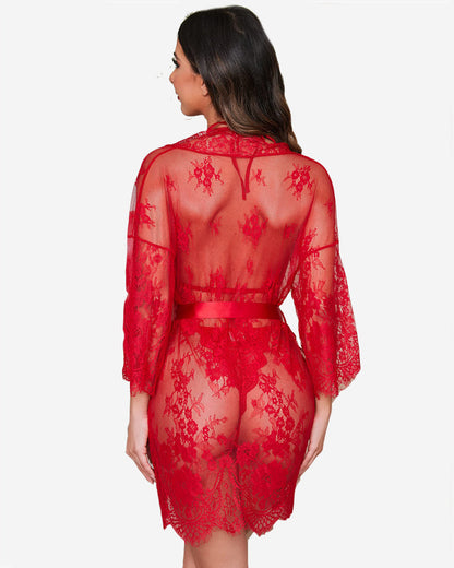 Set 2 piese halat kimono din dantela cu plus de dantela