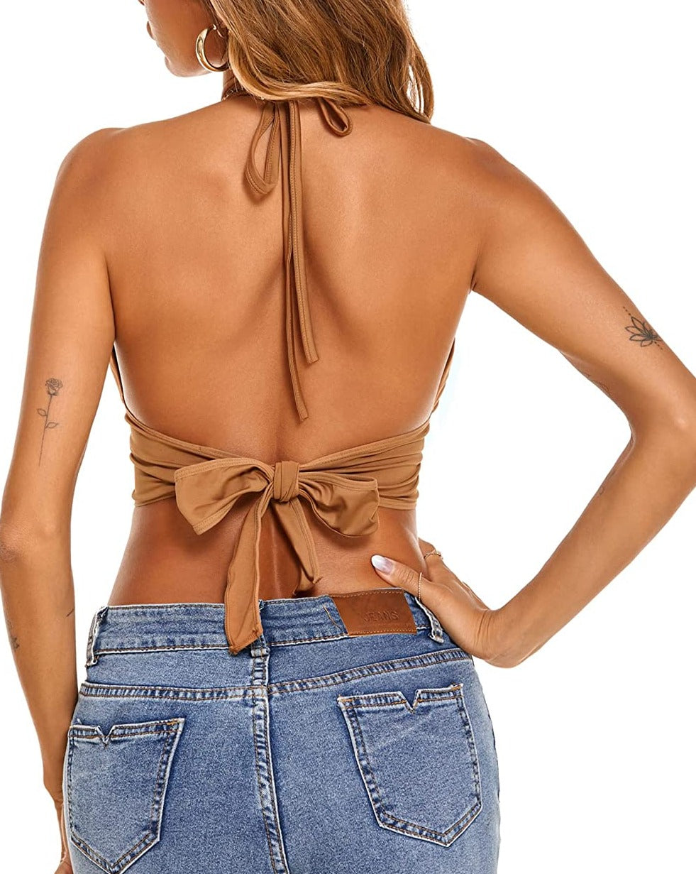 Halter Deep V Neck Tank Tops with Ring