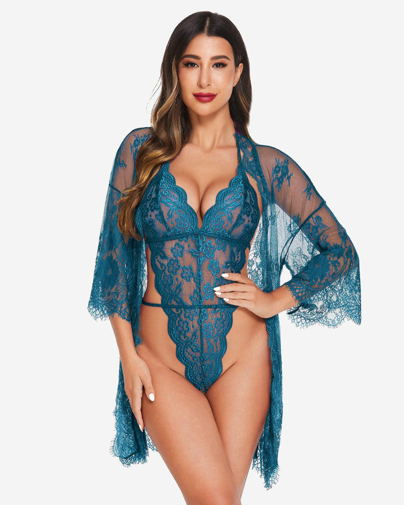 Set 2 piese halat kimono din dantela cu plus de dantela