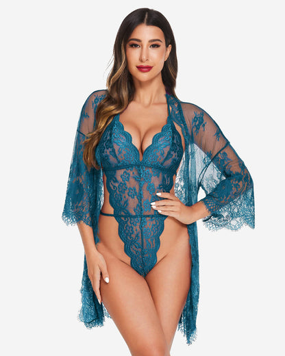 Set 2 piese halat kimono din dantela cu plus de dantela