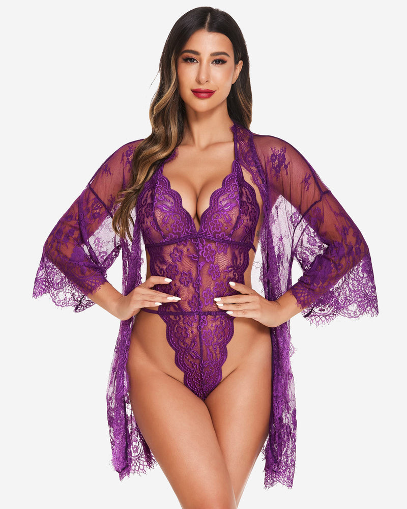 Set 2 piese halat kimono din dantela cu plus de dantela