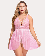 Plus Size Snap Crotch V Neck Lace Nighty