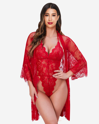 Set 2 piese halat kimono din dantela cu plus de dantela