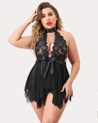 Plus Size Floral Lace High Waist Teddy Babydoll